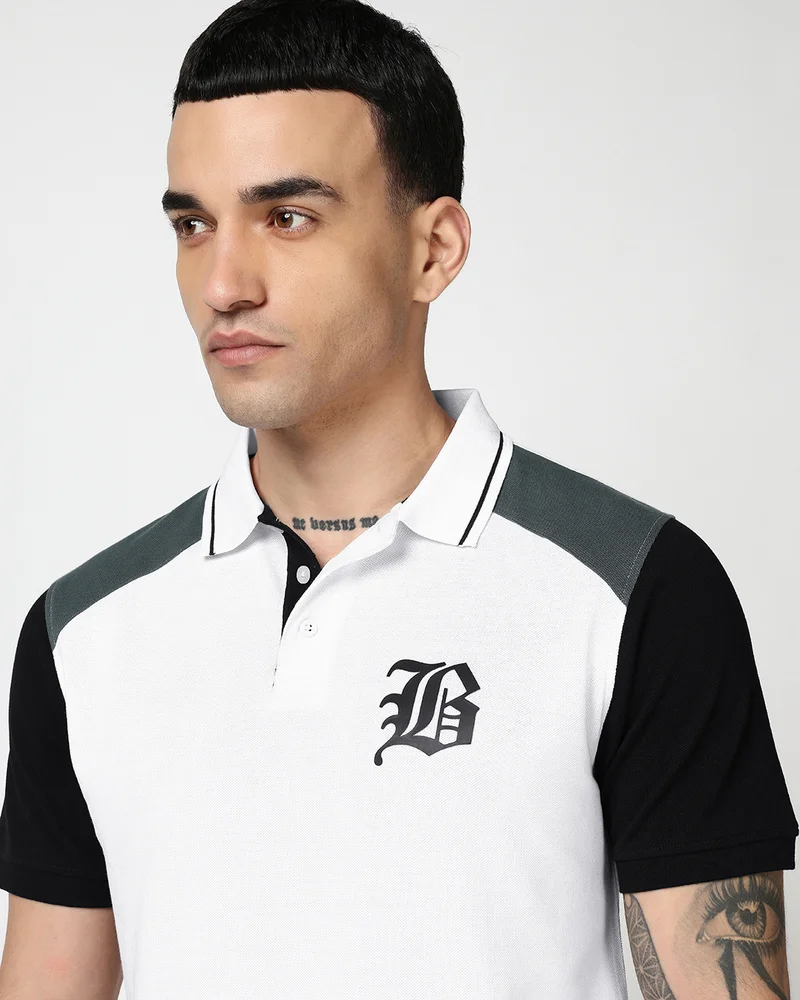 بيواكوف Men's Bright White & Black Color Block Polo T-shirt